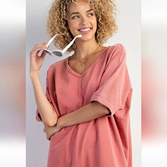New! Easel Coral Mineral Washed Terry Knit Tunic T-shirt Dress - Picture 5 of 6